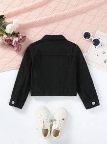 SHEIN Young Girl 1pc Flap Pocket Denim Jacket - Black - View 2