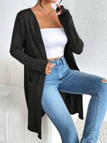 SHEIN Essnce 双口袋前开襟大衣（无吊带背心），女士冬季休闲口袋常规袖宽松黑色纯色女士大衣，休闲日常穿着 - 黑色 - 查看 3