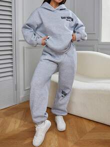 字母图案袋鼠口袋连帽衫和运动裤 春季款 - 灰色 - 查看 4