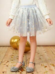 女小童星星網紗覆蓋半身裙適用於聖誕 - 灰色 - 查看 3