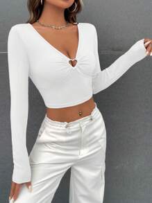 SHEIN EZwear 肋紋編織心形環身體裹短袖上衣 - 白色 - 查看 3