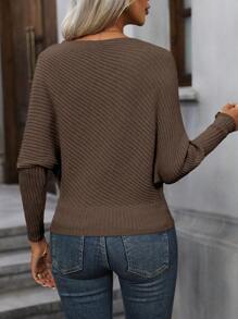 SHEIN Clasi Solid Batwing Sleeve Boat Neck Ribbed Knit Pullover Fall Winter Sweater - Brown - View 2