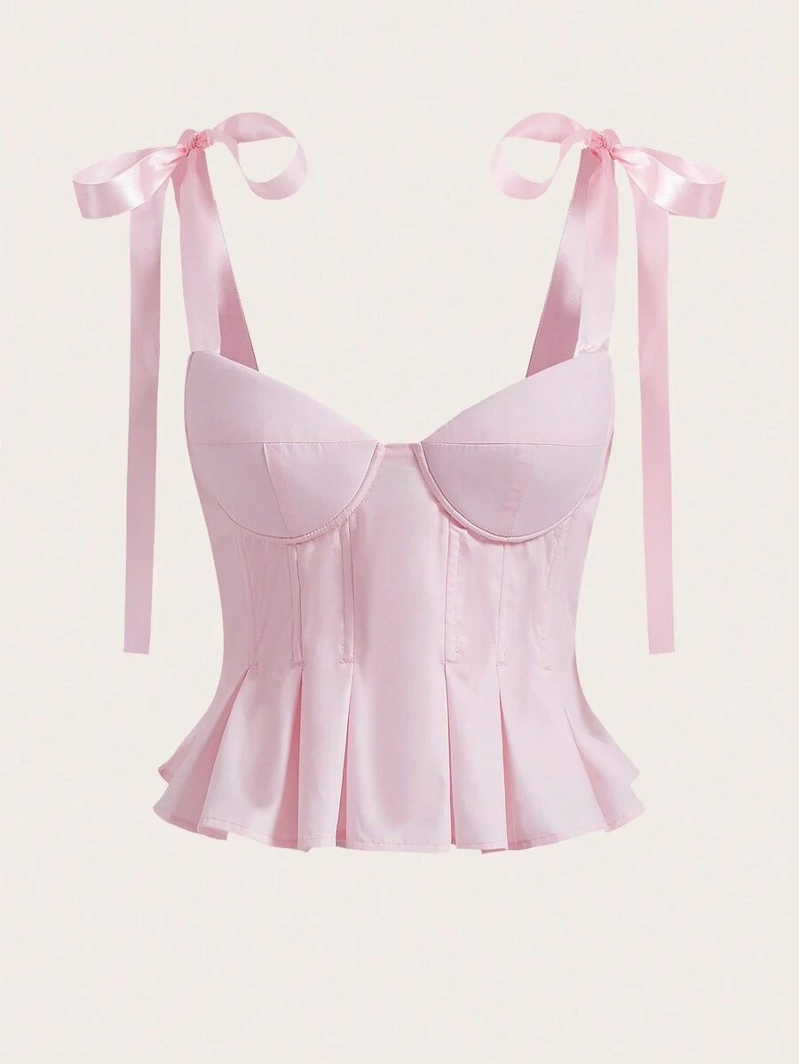 Aveloria Rosie Solid Tie Shoulder Peplum Bustier Cami Top  - Pink - View 1