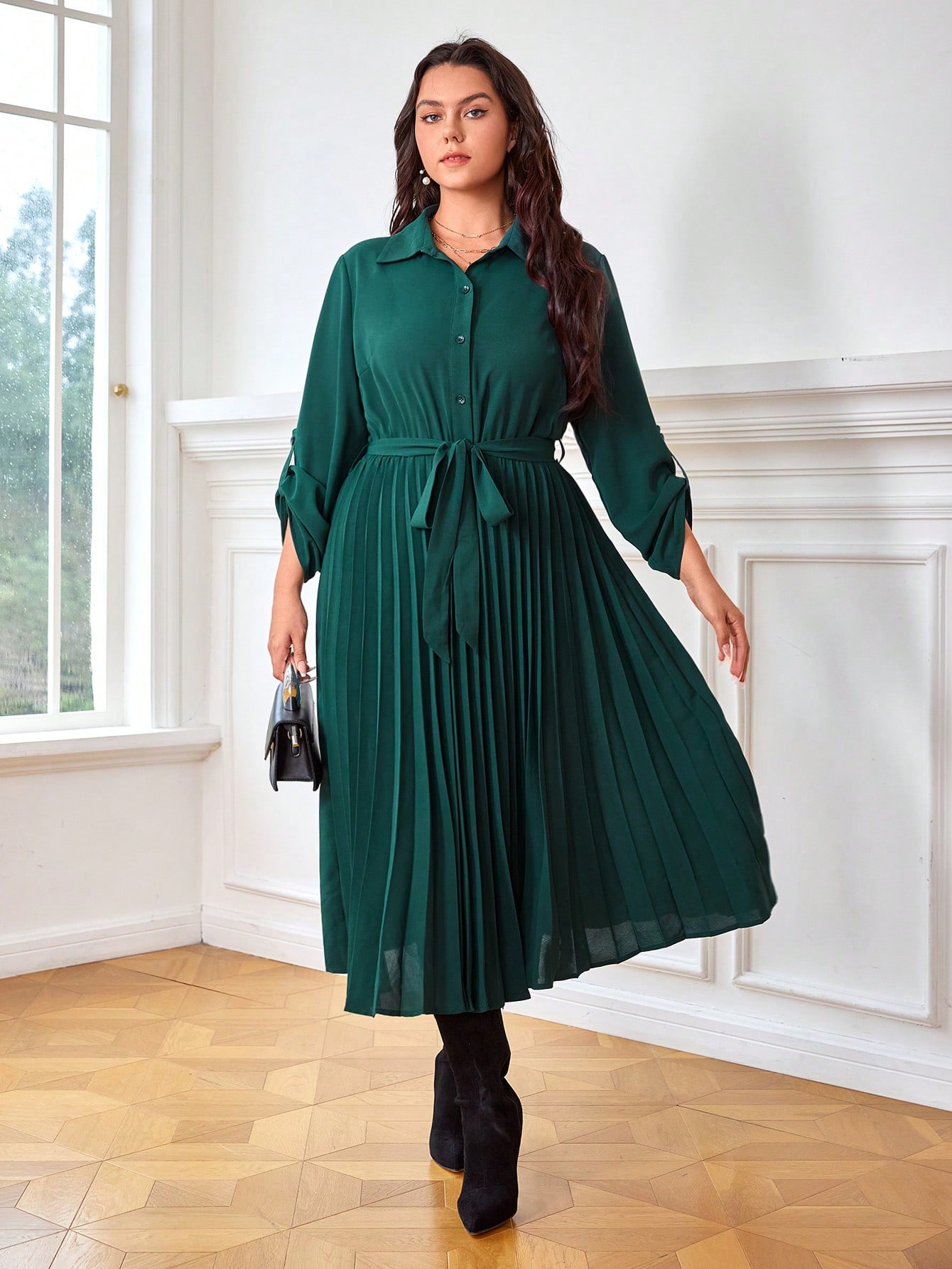 SHEIN Clasi Plus Roll Tab Sleeve Pleated Hem Belted Shirt Dress SHEIN EUR