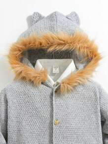 SHEIN Young Boy Fuzzy Trim Dual Pocket 3D Ears Design Hooded Cardigan - Light Grey - View 3