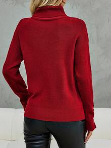 SHEIN Clasi 高領落肩袖紐扣細節套頭毛衣 - 酒紅色 - 查看 2