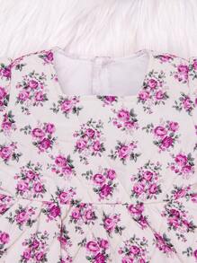 Baby Girl Floral Print Square Neck Lantern Sleeve Dress - Apricot - View 3