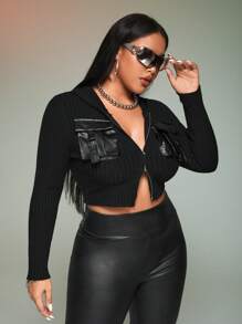 SHEIN ICON 大碼翻蓋口袋拉鏈開襟短款開衫 - 黑色 - 查看 1