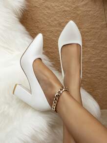 Giày cao gót đế dày, mũi nhọn, cổ chữ V sâu, dành cho nữ, thích hợp cho các dịp trang trọng. - trắng - Xem 3