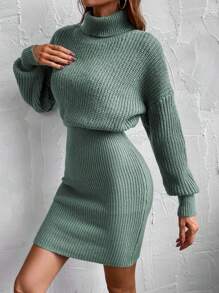 EMERY ROSE 高領落肩毛衣洋裝 - 綠色 - 查看 5