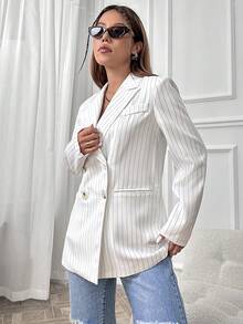 SHEIN Unity Striped Print Double Breasted Blazer - White - View 4