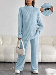 SHEIN 孕婦落肩 T 恤和可調節腰圍褲 - 藍色 - 查看 1