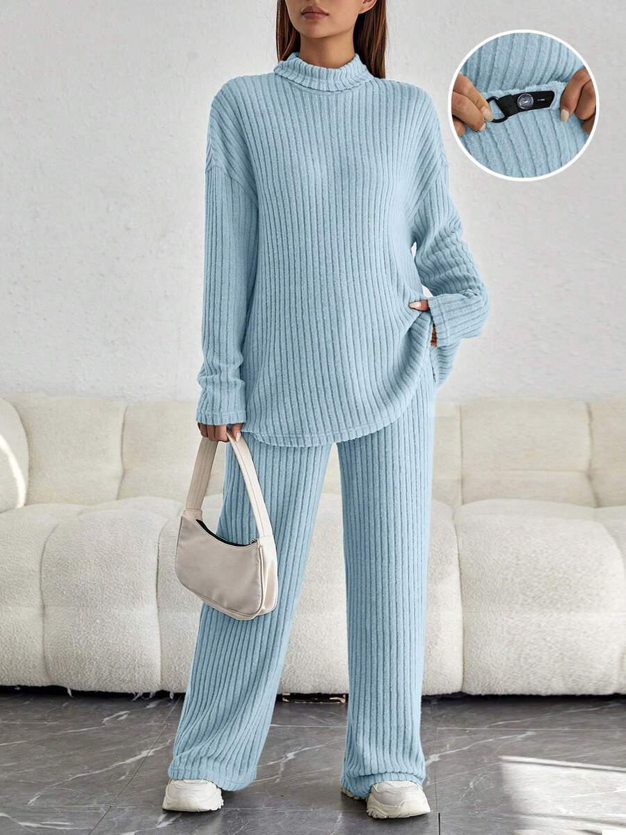 SHEIN 孕婦落肩 T 恤和可調節腰圍褲 - 藍色 - 查看 1