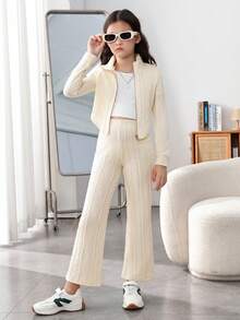 Tween Girls' Knitted Solid Color Jacquard Stand Collar Cardigan & Knitted Jumpsuit Set With Flare Pants - Apricot - View 5