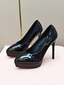 女式高跟鞋，黑色通勤風格漆皮防水台高跟鞋，時尚晚會鞋 - 黑色 - 查看 5