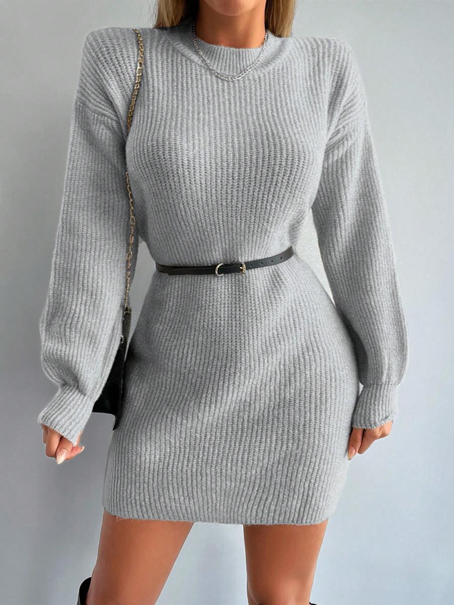 EURMUSE Drop Shoulder Ribbed Knit Sweater Dress Without Belt - Grey - View 1