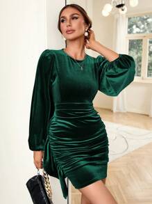 SHEIN Privé 燈籠袖褶飾側邊天鵝絨緊身洋裝 - 墨綠色 - 查看 1