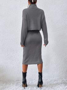 Chiquease 高領落肩袖毛衣和針織裙 - 灰色 - 查看 2