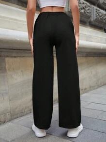Solid Drawstring Waist Wide Leg Sweatpants - Black - View 2