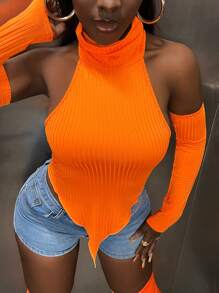 Slaydiva 素色不對稱下擺掛脖上衣帶袖子 - 亮橙色 - 查看 1