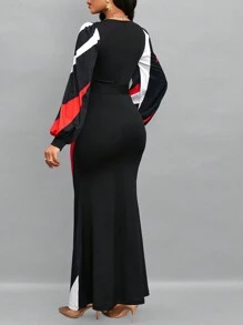 SHEIN Lady Vestido de color combinado de manga farol con cinturón bajo sirena - Multicolor - Ver 2