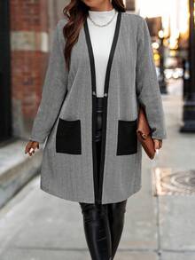 Calvaya 大碼雙口袋開門襟外套 - 灰色 - 查看 3