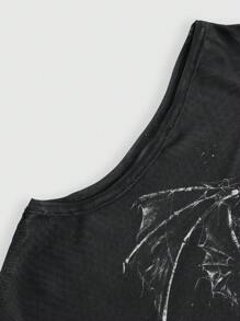 ROMWE Goth Skull & Wings Print Mesh Tank Top - Black - View 3