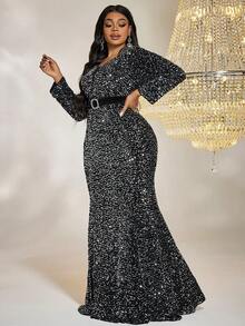 Plus Robe Habillée Col trou de serrure À Paillettes - Noir - Voir 6