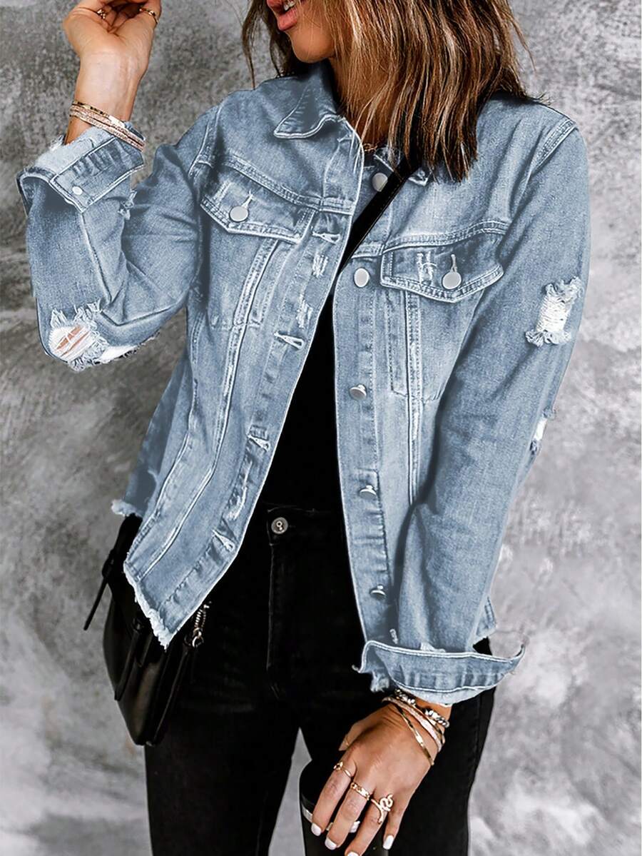 Rách Xén Thô Áo khoác denim - Màu xanh lam - Xem 1