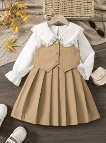 SHEIN 女小童單排釦背心和喇叭袖誇大領口百褶下擺洋裝 - 卡其色 - 查看 1
