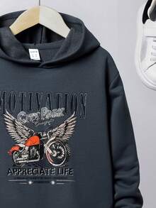 SHEIN Tween Boy Motorcycle & Letter Graphic Hooded Thermal Lined Sweatshirt - Grey - View 5