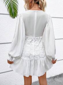 Chiquease Contrast Lace Lantern Sleeve Ruffle Hem Dress - White - View 3