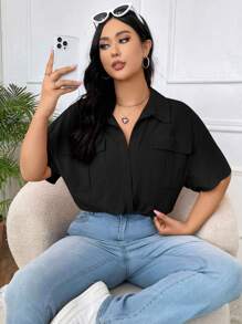 SHEIN EZwear Plus Flap Pocket Knot Hem Crop Blouse - Black - View 4