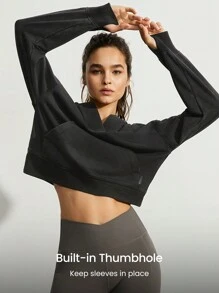 GLOWMODE Washed French Terry Retro Kangaroo Pocket Hoodie With Thumbhole - Dark Grey - View 4