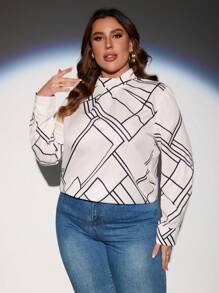 SHEIN LUNE 大碼幾何印花小高領襯衫 - 白色 - 查看 1