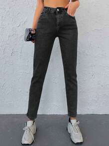 EURMUSE Quần Jeans Mom Fit Túi Xiên Trơn - màu đen - Xem 4