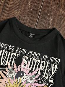 SHEIN LUNE Sun & Slogan Graphic Tee - Black - View 4