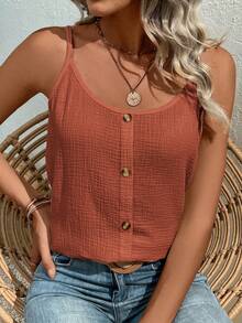 SHEIN LUNE 素色前紐扣吊帶上衣 - 藕粉色 - 查看 6