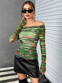 SHEIN Essnce Off Shoulder Camo Print Tee