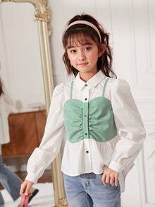 SHEIN Cô gái Tween Viền mặt trước 2 trong1 Áo sơ mi - màu xanh lá - Xem 5