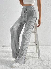 SHEIN Tall Dây thắt lưng Đồ đan Ribbed Nút phía trước Quần ống rộng - Xám - Xem 1