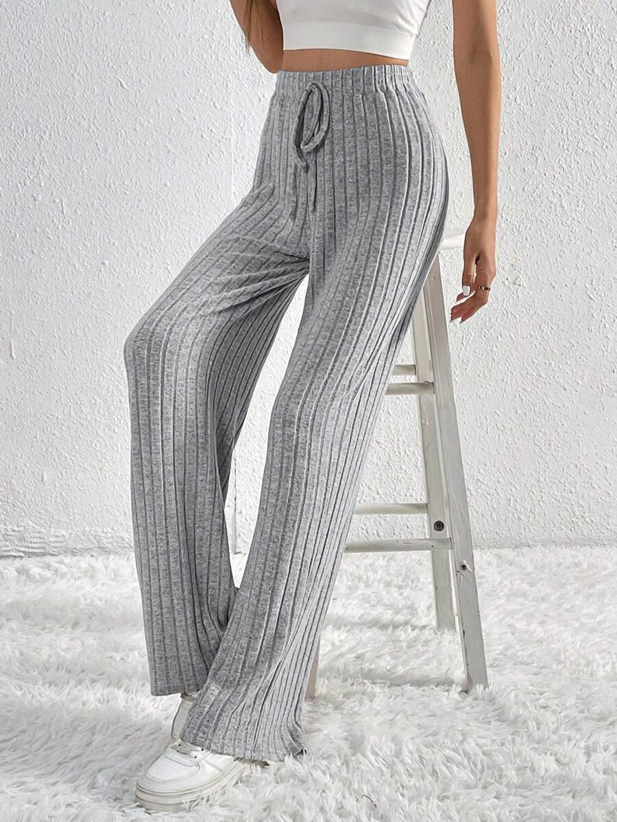 SHEIN Tall Dây thắt lưng Đồ đan Ribbed Nút phía trước Quần ống rộng - Xám - Xem 1
