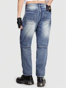 ROMWE MEN Grunge Punk Guys Flap Pocket Side Cargo Jeans - Blue and White - View 4