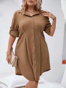 SHEIN LUNE Plus Fold Pleated Detail Roll Tab Sleeve Dress - Brown - View 3