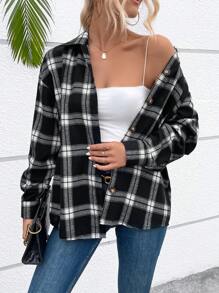 SHEIN Essnce 格子印花落肩襯衫 - 黑與白 - 查看 2