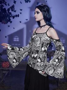Corpse Bride | ROMWE Figure & Letter Graphic Cold Shoulder Trumpet Sleeve Tee - Black - View 6