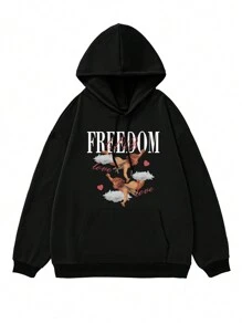 Men Plus Slogan & Cartoon Graphic Kangaroo Pocket Drawstring Thermal Hoodie - Black - View 1