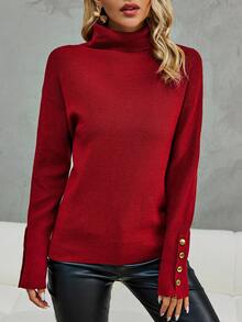 SHEIN Clasi 高領落肩袖紐扣細節套頭毛衣 - 酒紅色 - 查看 4