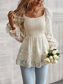 SHEIN Clasi 提花喇叭袖荷叶边衬衫荷叶边上衣女士秋季服装 - 杏色 - 查看 4