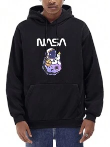 Men Astronaut & Letter Graphic Kangaroo Pocket Drawstring Hoodie - Black - View 1